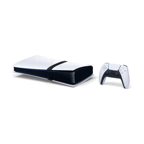 Konsola Sony PlayStation 5 Pro 2 TB biała – w poziomie z kontrolerem DualSense