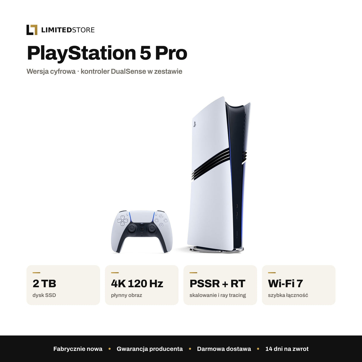Konsola Sony PlayStation 5 Pro 2 TB biała – najważniejsze parametry: 2 TB SSD, 4K 120 Hz, PSSR i ray tracing, Wi-Fi 7