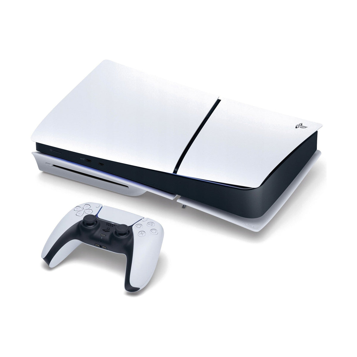 Konsola Sony PlayStation 5 Slim Blu-ray 1 TB biała – w poziomie z kontrolerem DualSense