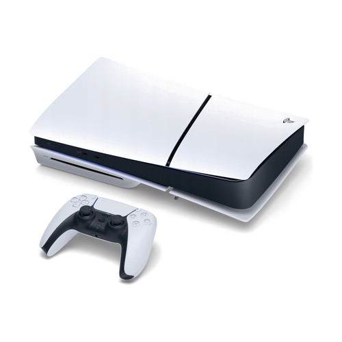 Konsola Sony PlayStation 5 Slim Blu-ray 1 TB biała – w poziomie z kontrolerem DualSense