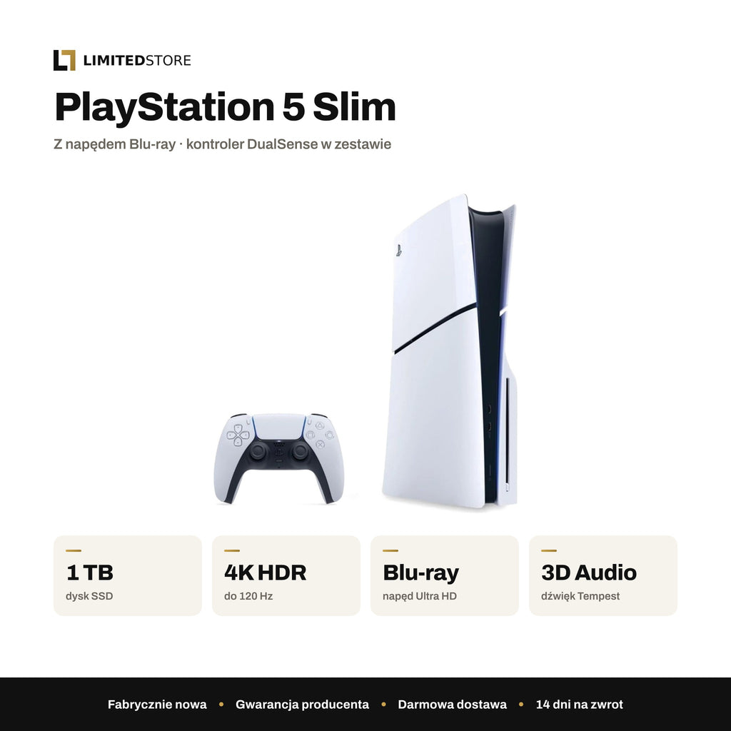 Konsola Sony PlayStation 5 Slim Blu-ray 1 TB biała – najważniejsze parametry: 1 TB SSD, 4K HDR do 120 Hz, napęd Blu-ray Ultra HD, dźwięk 3D