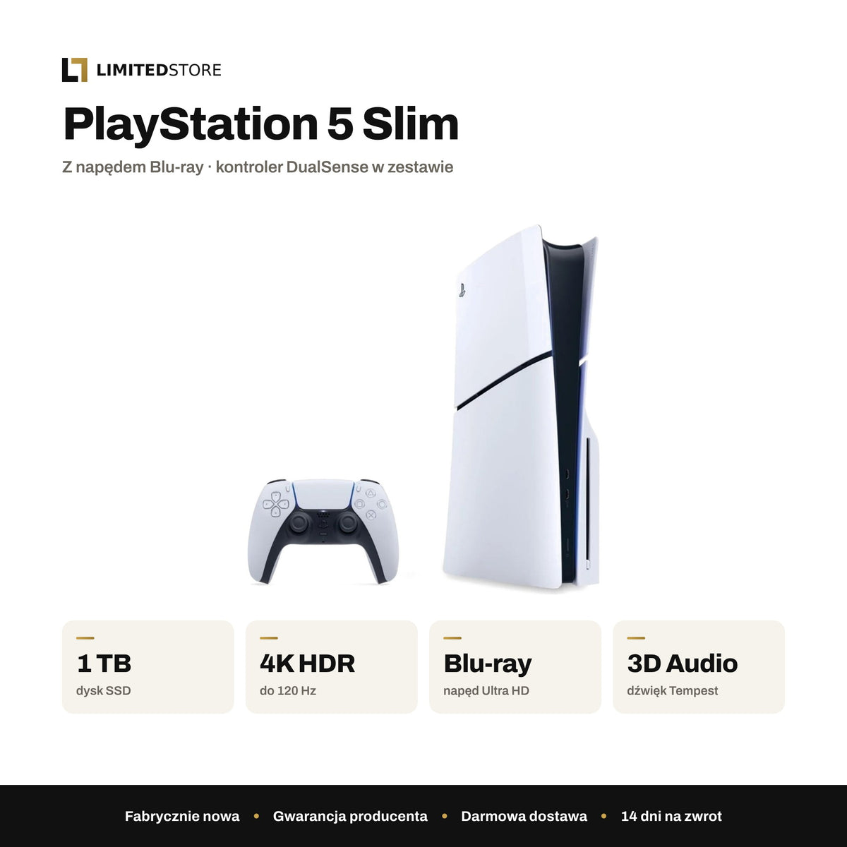 Konsola Sony PlayStation 5 Slim Blu-ray 1 TB biała – najważniejsze parametry: 1 TB SSD, 4K HDR do 120 Hz, napęd Blu-ray Ultra HD, dźwięk 3D