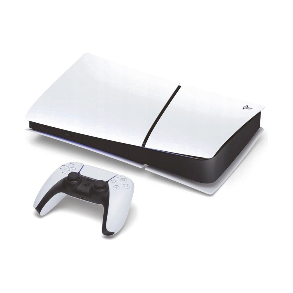 Konsola Sony PlayStation 5 Slim Digital 825 GB biała – w poziomie z kontrolerem DualSense