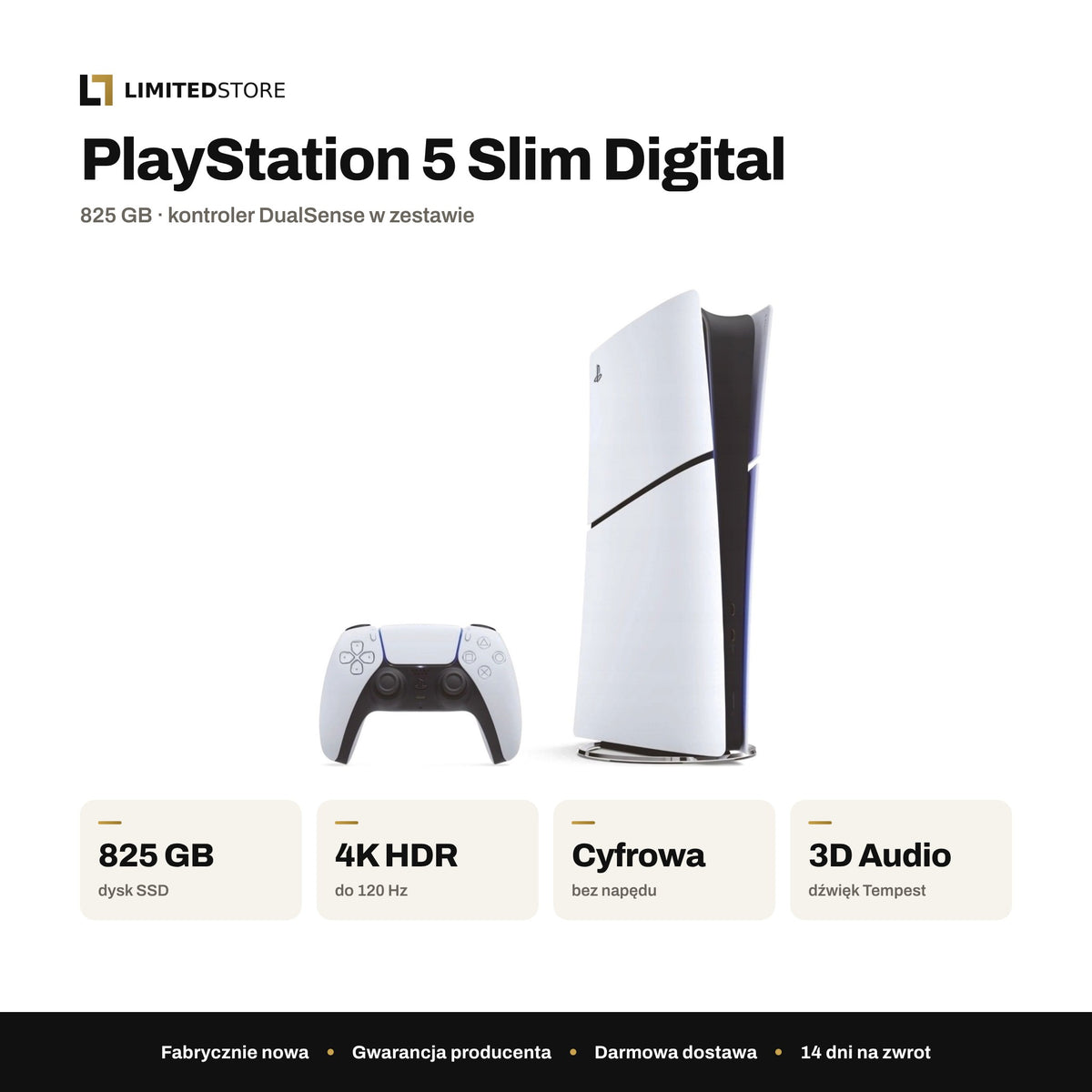 Konsola Sony PlayStation 5 Slim Digital 825 GB biała – najważniejsze parametry: 825 GB SSD, 4K HDR do 120 Hz, wersja cyfrowa, dźwięk 3D