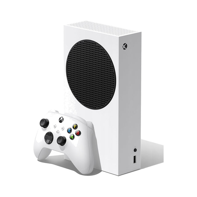 Konsola Microsoft Xbox Series S 512 GB biała – widok pod kątem z kontrolerem Robot White