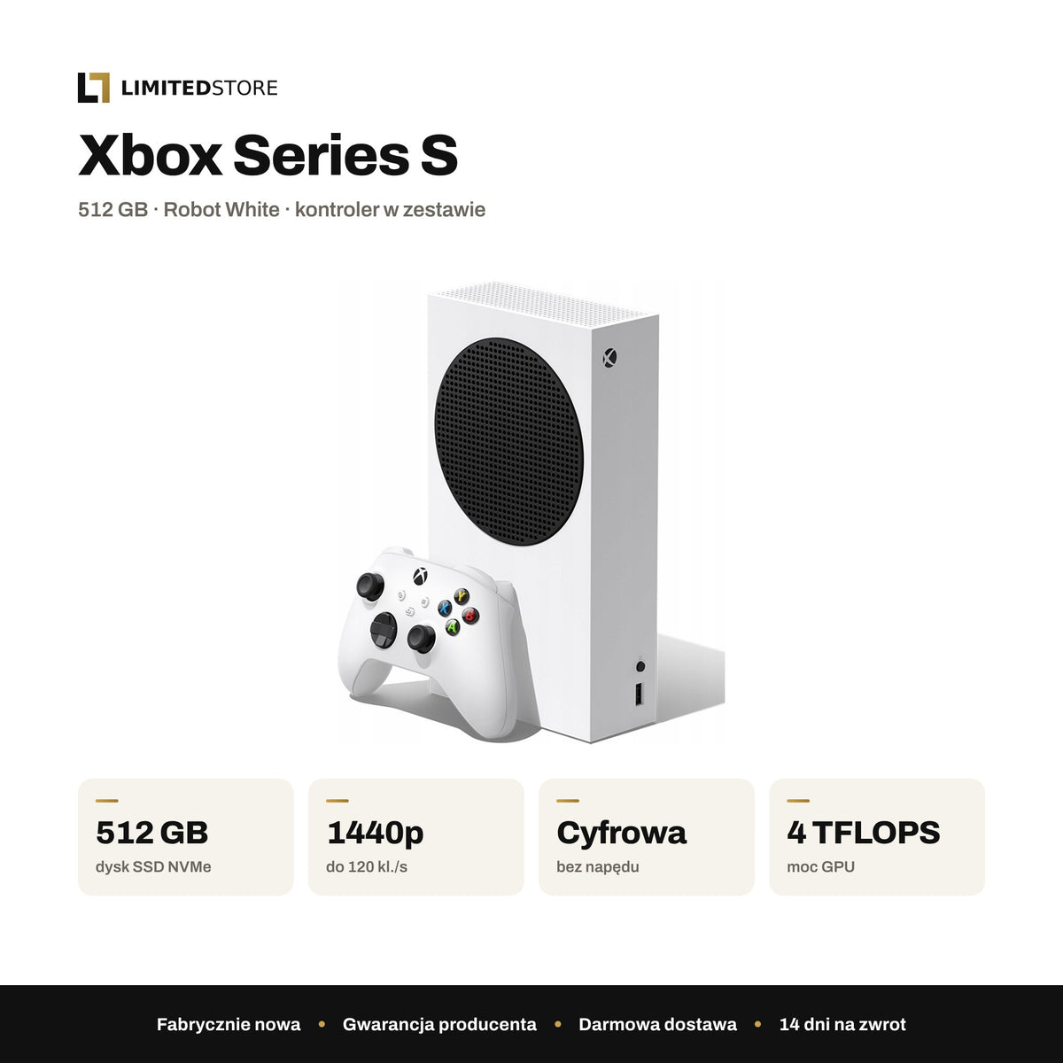 Konsola Microsoft Xbox Series S 512 GB biała – najważniejsze parametry: 512 GB SSD, do 1440p i 120 kl./s, wersja cyfrowa, 4 TFLOPS