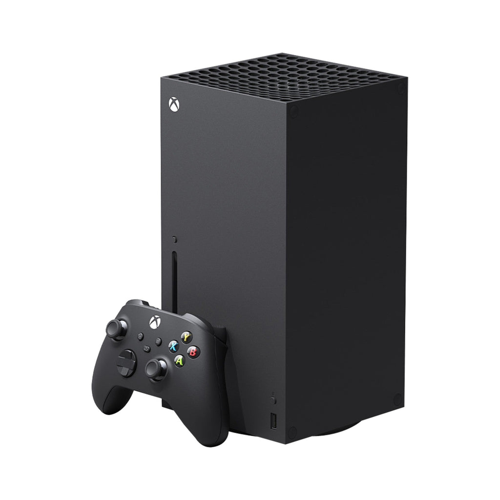 Konsola Microsoft Xbox Series X 1 TB czarna – widok pod kątem z kontrolerem