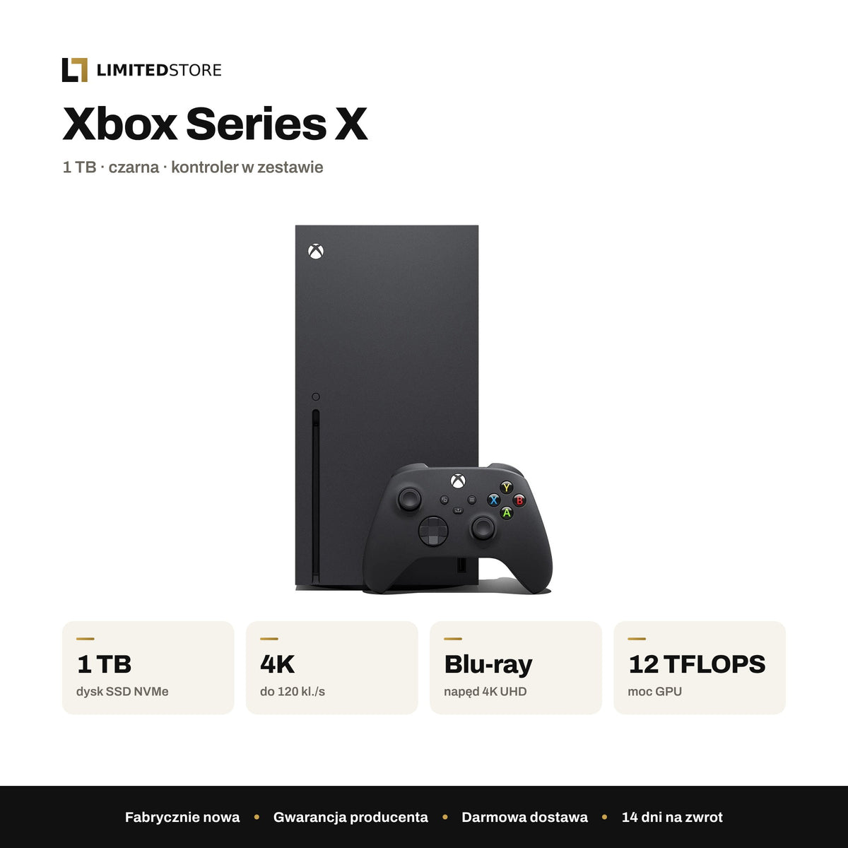 Konsola Microsoft Xbox Series X 1 TB czarna – najważniejsze parametry: 1 TB SSD, 4K do 120 kl./s, napęd Blu-ray 4K UHD, 12 TFLOPS