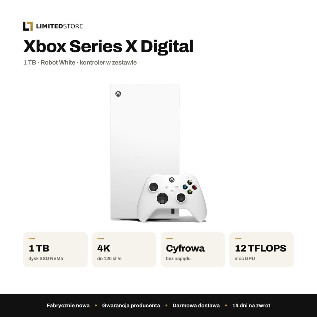 Konsola Microsoft Xbox Series X Digital 1 TB biała – najważniejsze parametry: 1 TB SSD, 4K do 120 kl./s, wersja cyfrowa, 12 TFLOPS