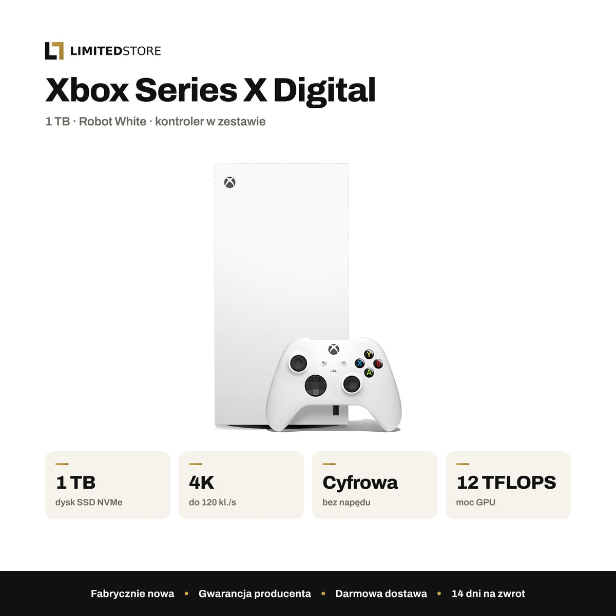 Konsola Microsoft Xbox Series X Digital 1 TB biała – najważniejsze parametry: 1 TB SSD, 4K do 120 kl./s, wersja cyfrowa, 12 TFLOPS