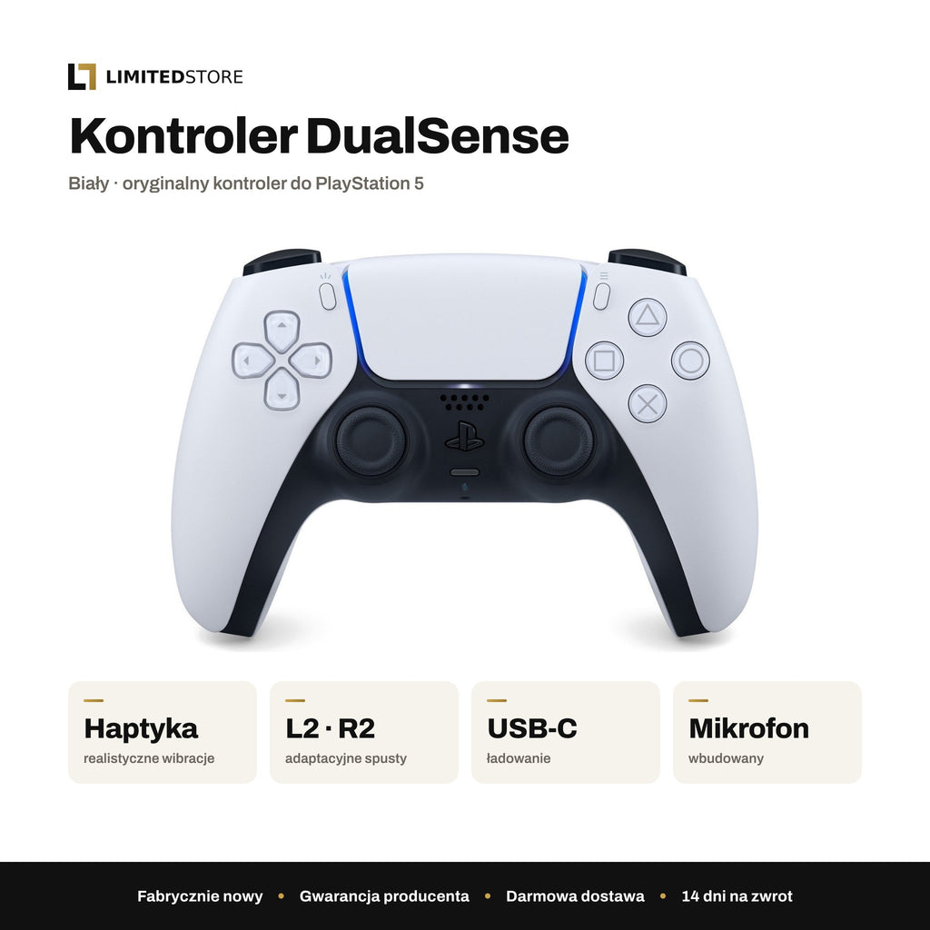 Kontroler Sony DualSense do PS5 biały – najważniejsze cechy: haptyka, adaptacyjne spusty, USB-C, wbudowany mikrofon