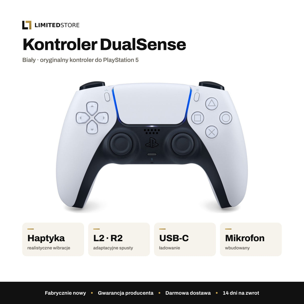 Kontroler Sony DualSense do PS5 biały – najważniejsze cechy: haptyka, adaptacyjne spusty, USB-C, wbudowany mikrofon