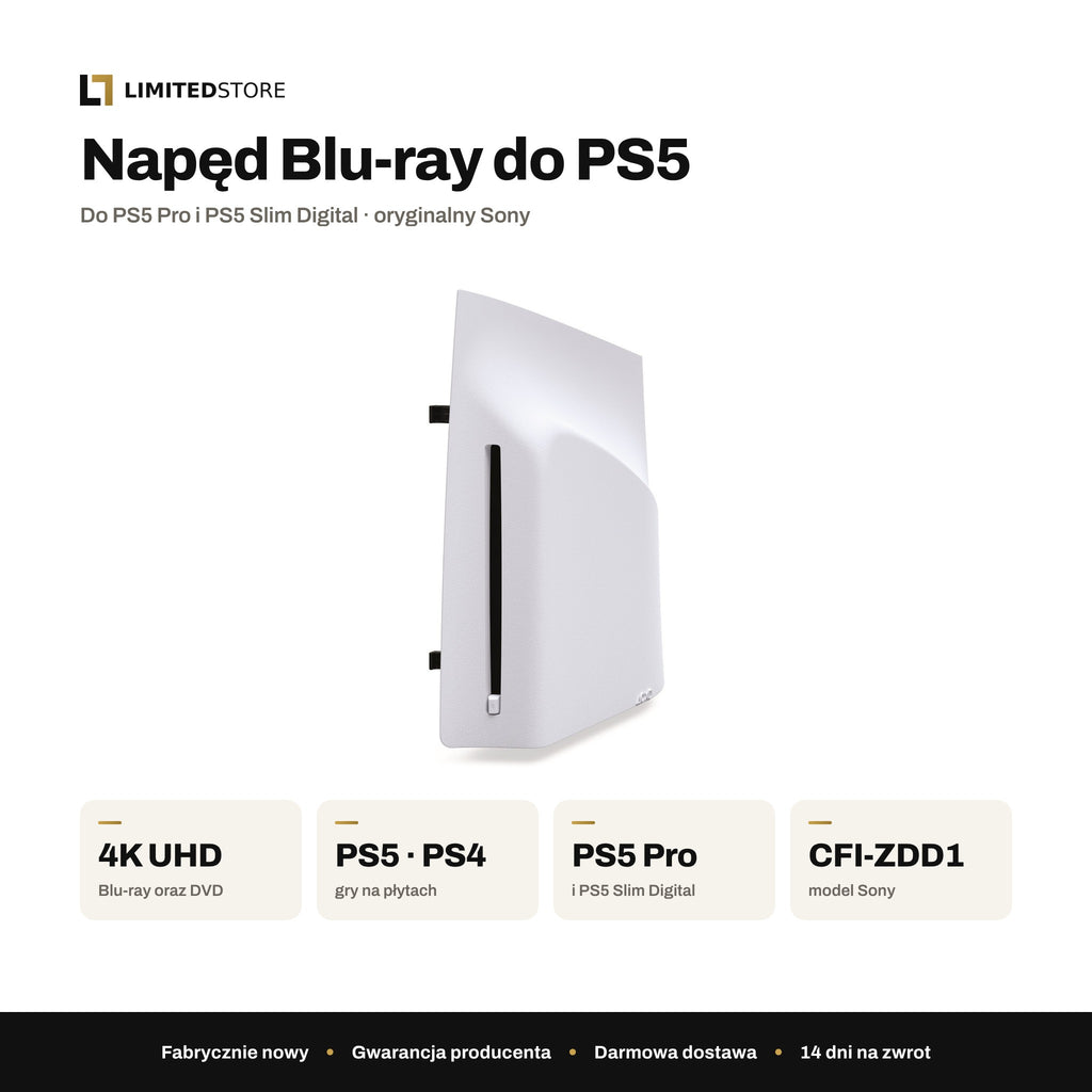 Napęd Blu-ray Sony do PS5 – najważniejsze parametry: Blu-ray 4K UHD, gry PS5 i PS4 z płyt, zgodność z PS5 Pro i PS5 Slim Digital, model CFI-ZDD1