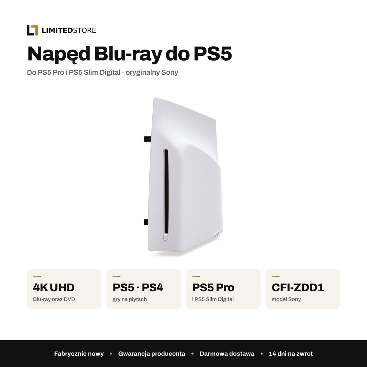 Napęd Blu-ray Sony do PS5 – najważniejsze parametry: Blu-ray 4K UHD, gry PS5 i PS4 z płyt, zgodność z PS5 Pro i PS5 Slim Digital, model CFI-ZDD1